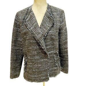Talbots black blue Blazer Classic Tweed Boucle lined blazer fringe hems size 12